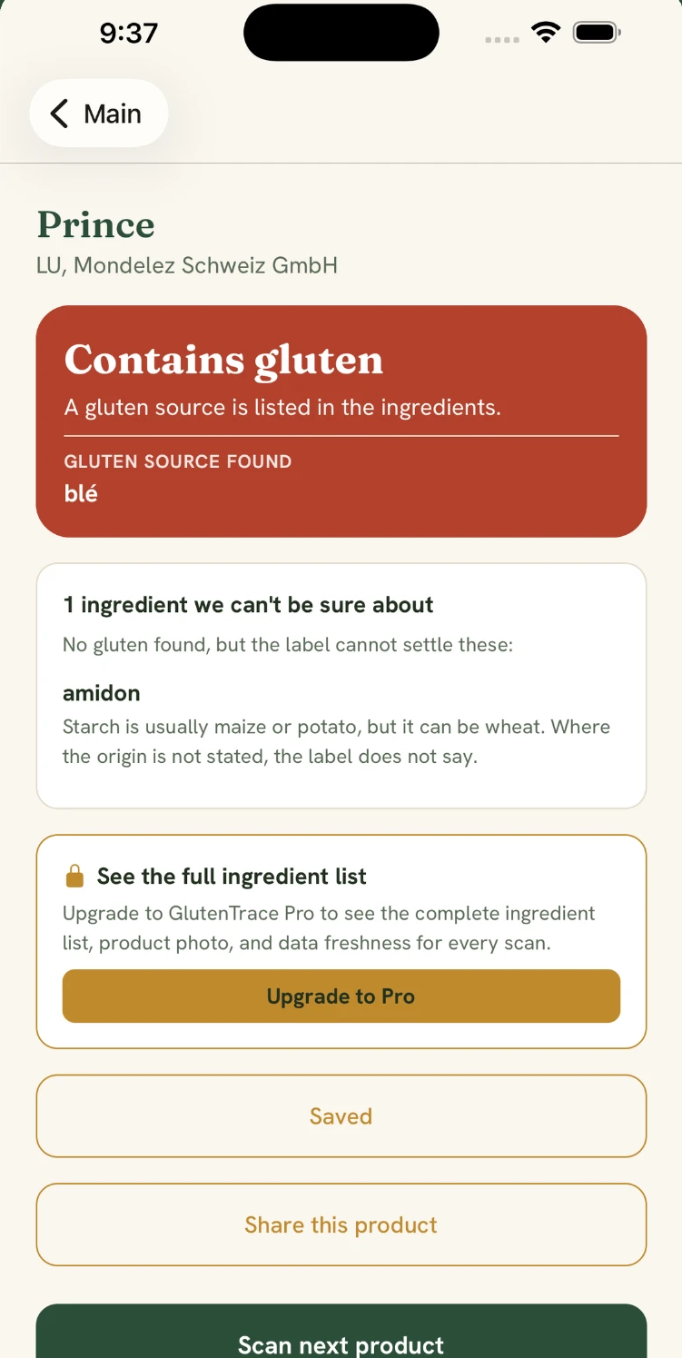 A GlutenTrace result screen showing a red Contains gluten verdict for LU Prince biscuits, naming blé as the gluten source found