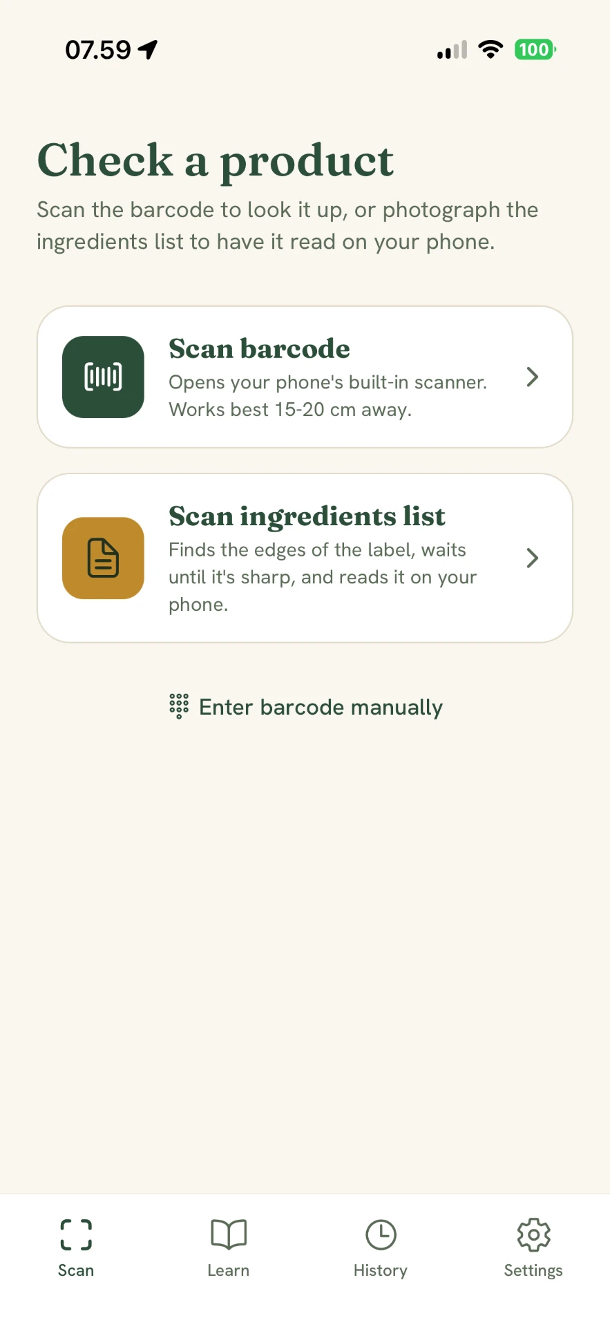 The GlutenTrace check-a-product screen with options to scan a barcode or an ingredients list