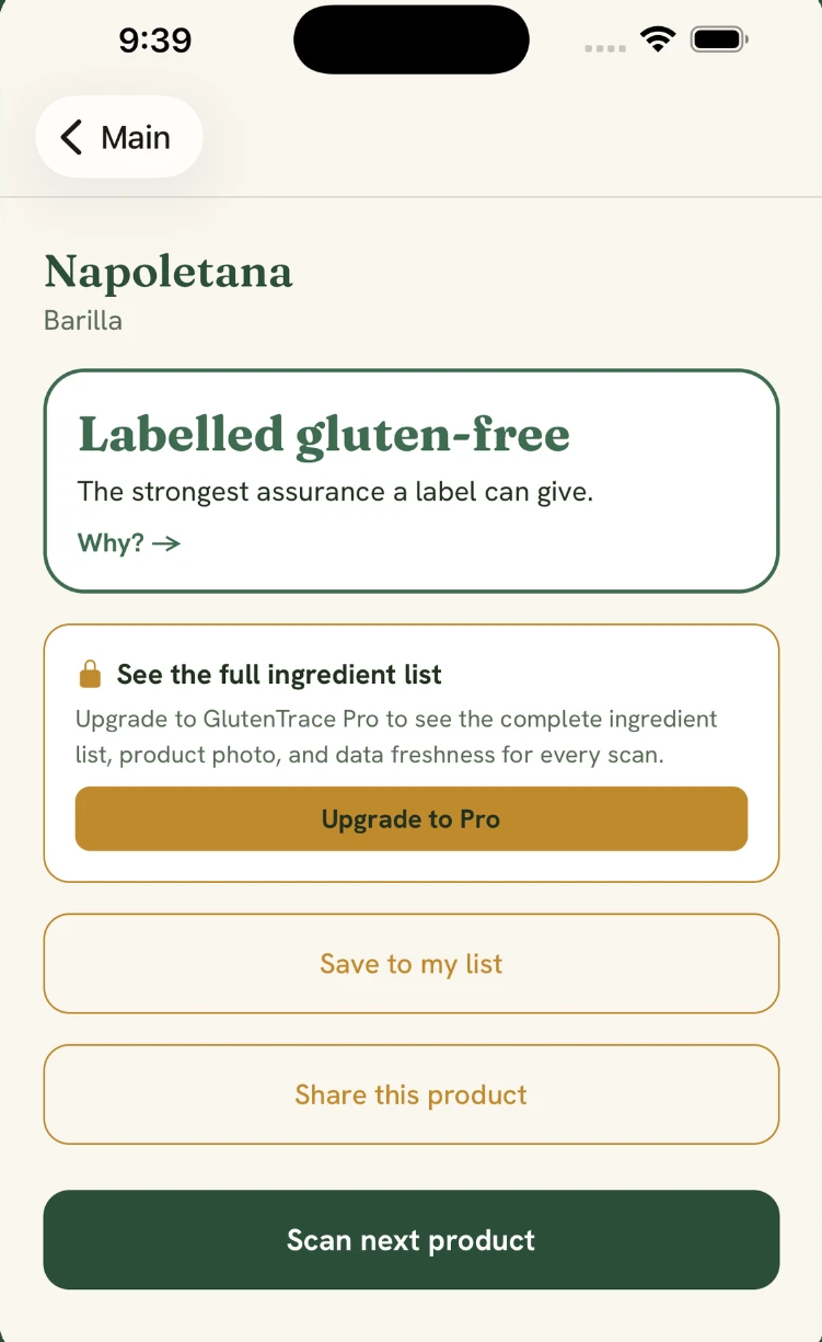 A green GlutenTrace result "Labelled gluten-free" for Barilla Napoletana, with the option to see the full ingredient list in Pro