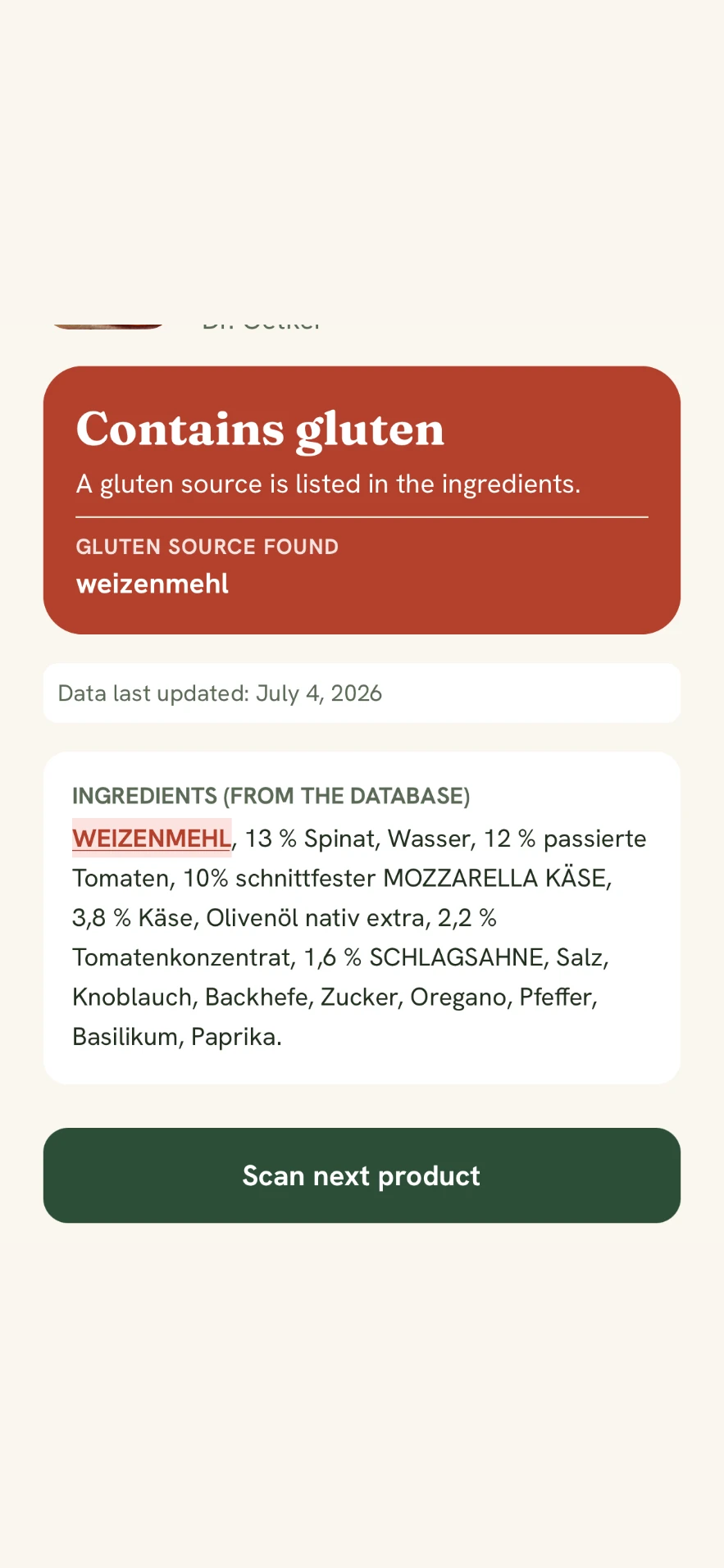 An ingredient list where the German word WEIZENMEHL is marked in red as the gluten source