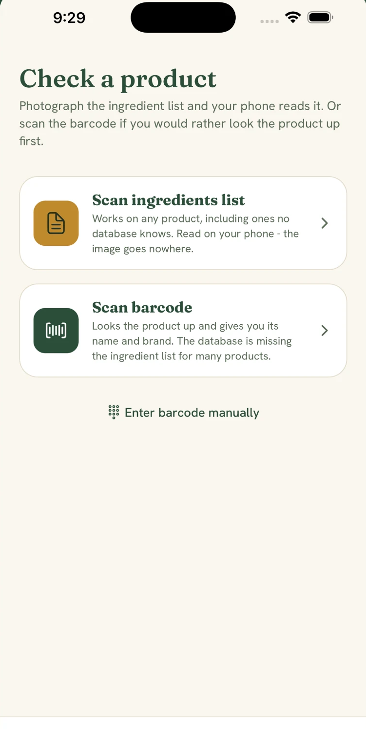 The GlutenTrace check-a-product screen with options to scan a barcode or an ingredients list